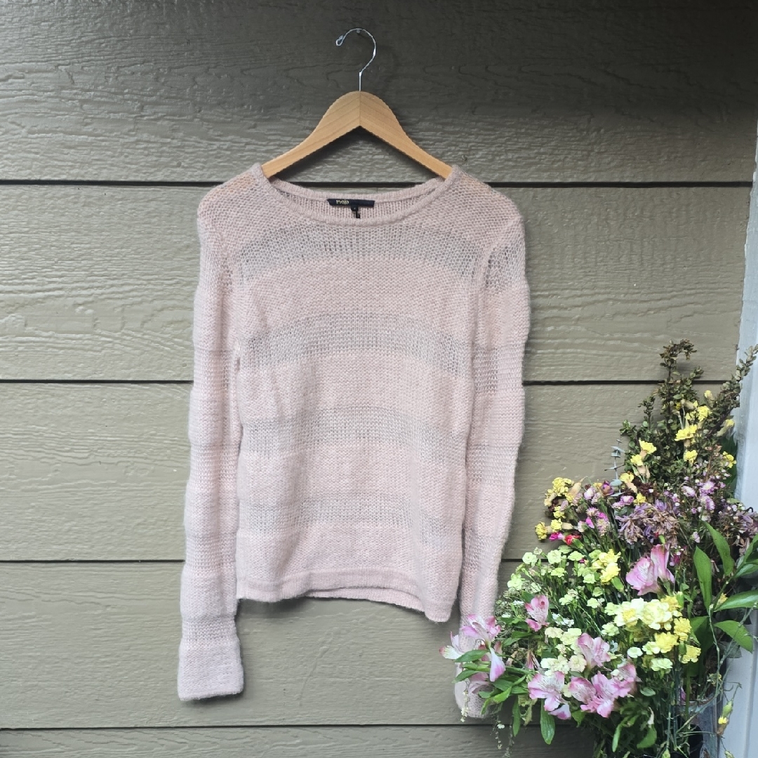 Maje Paris Blush Pink Kid Mohair Sweater Soft Fuzzy Knit Size 2 Us M